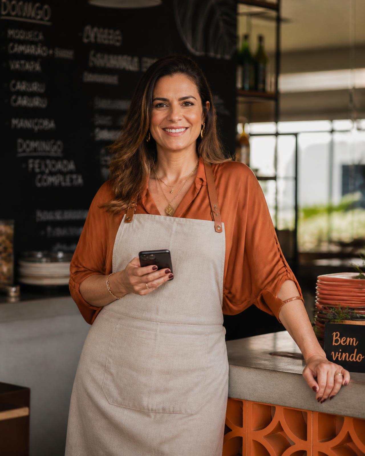 Dona Cláudia atrás do balcão do seu restaurante de bairro